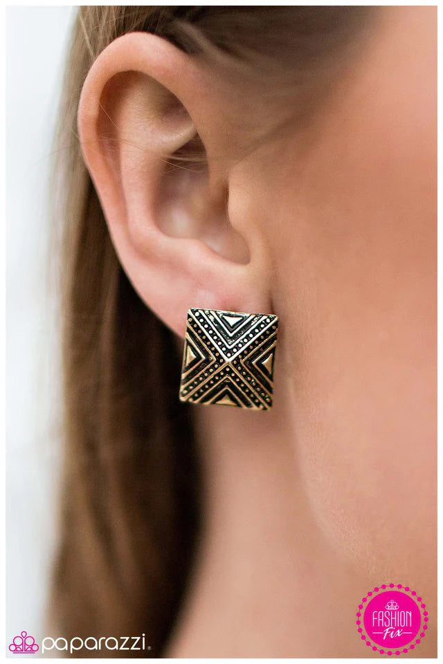 Dance Of The Pyramids - Brass Paparazzi Earring